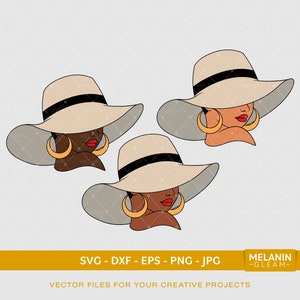Chapeau de soleil Femme Noire | SVG numérique - DXF - EPS - png - Jpg | mélanine, femme noire svg, femme afro, magie fille noire