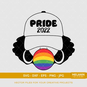 May include: Black and white illustration of a person wearing a white baseball cap with the text "PRIDE 2022" on the front. The person is also wearing a rainbow circle over their mouth.