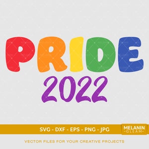 May include: A colourful graphic design featuring the word "PRIDE" in rainbow colours and the year "2022" in purple. The design is ideal for creating t-shirts, mugs, tote bags, and other merchandise.