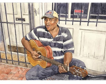 Músico callejero de Nueva Orleans. Acuarela original sobre cartón para ilustración.