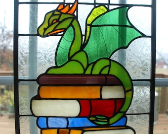 Created Upon Order - Stained Glass Fantasy Dragon Sitting on Stack of Books