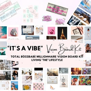 Könnte beinhalten: Ein rosa-weißes Vision Board Kit mit dem Text "It's a Vibe" und "Total Bossbabe Millionaire Vision Board Kit Living "The" Lifestyle". Das Kit enthält Bilder von Geld, Reisen, Luxusartikeln und inspirierenden Zitaten.