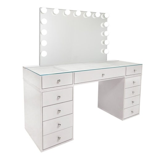 Makeup Vanity Xl Table Desk W Clear Glass Top 13 Drawers New Zealand Makeup Vanity Xl Table Desk W Clear, Makeup Vanity Clear Glass Topper