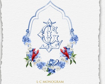 Blue Floral Wedding Logo: Watercolor Monogram L-C (PNG, PDF)