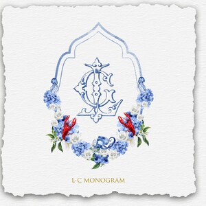 May include: A blue and white monogram with the letters "L-C" in a decorative font. The monogram is surrounded by a wreath of blue hydrangeas, white roses, and red lobster tails. The text "L-C MONOGAM" is below the wreath.