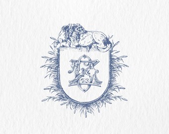 Vintage Lion Wedding Crest: Custom Two-Letter Monogram (PDF, PNG)