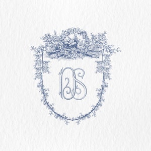May include: A blue and white crest with a floral design and the initials "NS" in the center.