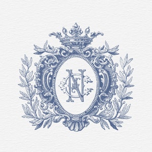 Logotipo de monograma, monograma de dos letras, boda de monograma francés vintage, azul polvoriento, corona de monograma, corona de laurel antigua, edición personalizada