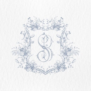 Monograma S-B, cresta de boda con monograma vintage floral de orquídea, azul - flores antiguas, logotipo de monograma / entrelazado, monograma de dos letras, svg-png