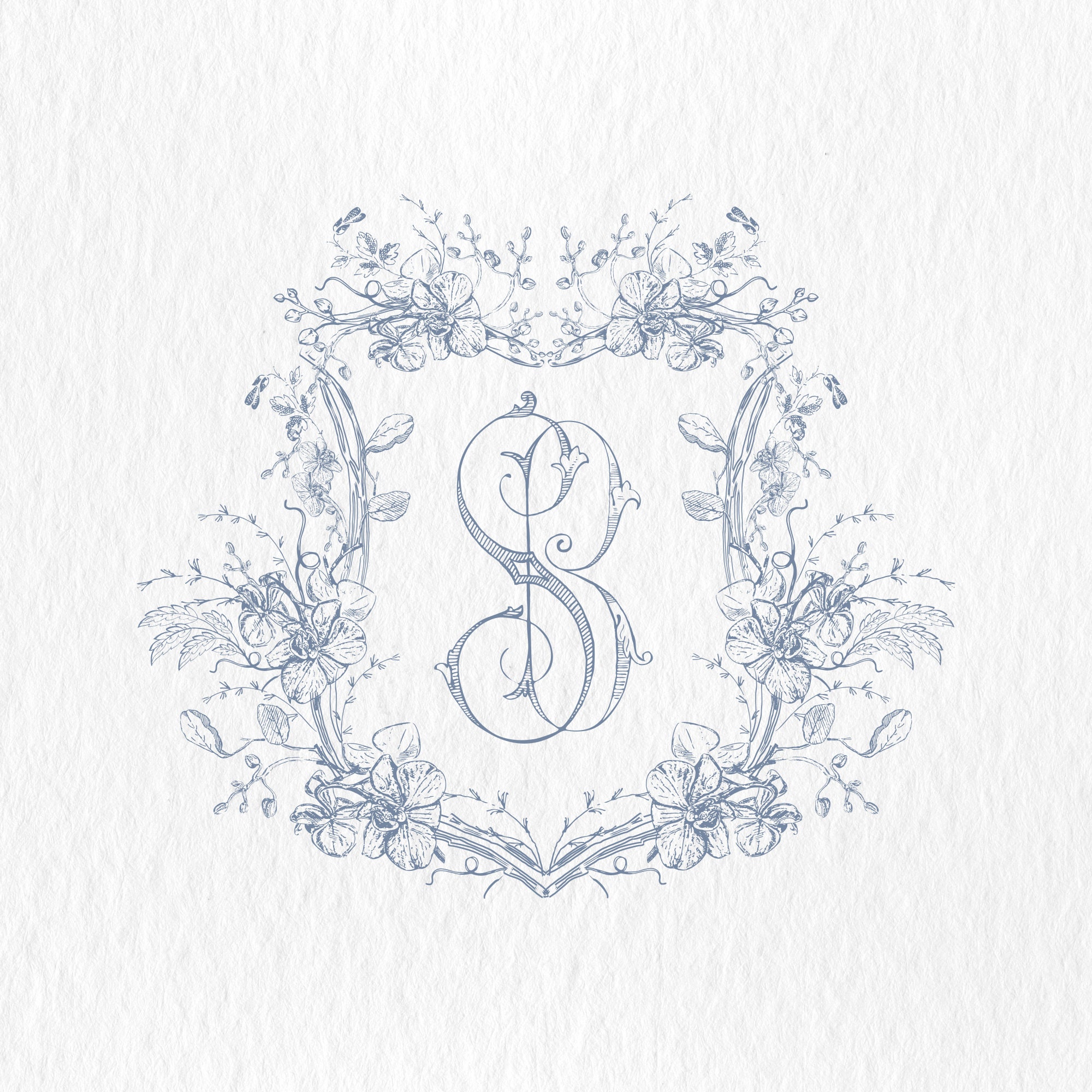 Floral Vintage Wedding Crest: Blue Orchid Monogram (SVG-PNG)