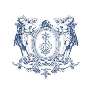 May include: A blue and white illustration of a decorative emblem. Two cherubs flank an oval frame with an ornate monogram. The design includes scrollwork, a banner, and a shell-like element at the top, all in a classic, vintage style.