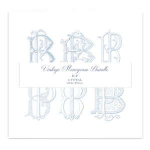 May include: A digital collection of six light blue vintage-style monogram letters featuring intricate scrollwork and decorative flourishes. A central white rectangular banner displays the text Vintage Monogram Bundle B-P 6 TOTAL SVG-PNG.