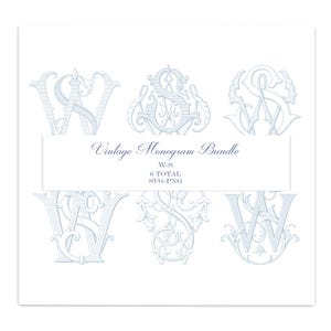 May include: A digital collection of six light blue decorative monograms featuring the letters W and S in various ornate, calligraphic styles. The central text reads: Vintage Monogram Bundle, W-S, 6 TOTAL, SVG-PNG. These designs are displayed on a white background.