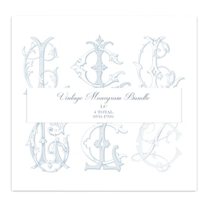 May include: A collection of light blue decorative monogram letters featuring intricate scrollwork and flourishes. A central white rectangular label displays the text: Vintage Monogram Bundle, LC, 4 TOTAL, SVG-PNG. The design is set against a white background.