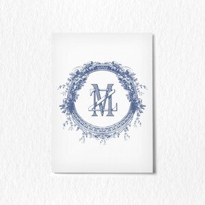 May include: A blue and white monogram with the letters "M" and "L" intertwined, surrounded by a decorative floral wreath.