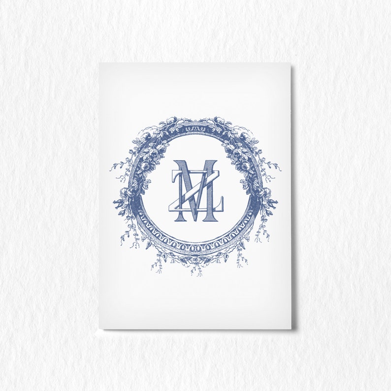 May include: A blue and white monogram with the letters "M" and "L" intertwined, surrounded by a decorative floral wreath.