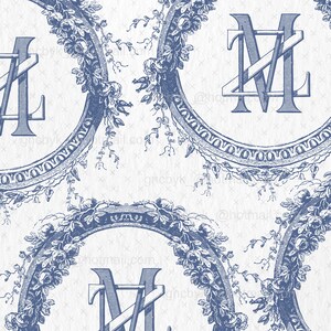 May include: A seamless pattern featuring a blue and white design of a stylized letter "M" surrounded by a wreath of roses and leaves. The letter "M" is repeated throughout the pattern.