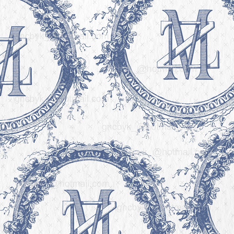 May include: A seamless pattern featuring a blue and white design of a stylized letter "M" surrounded by a wreath of roses and leaves. The letter "M" is repeated throughout the pattern.