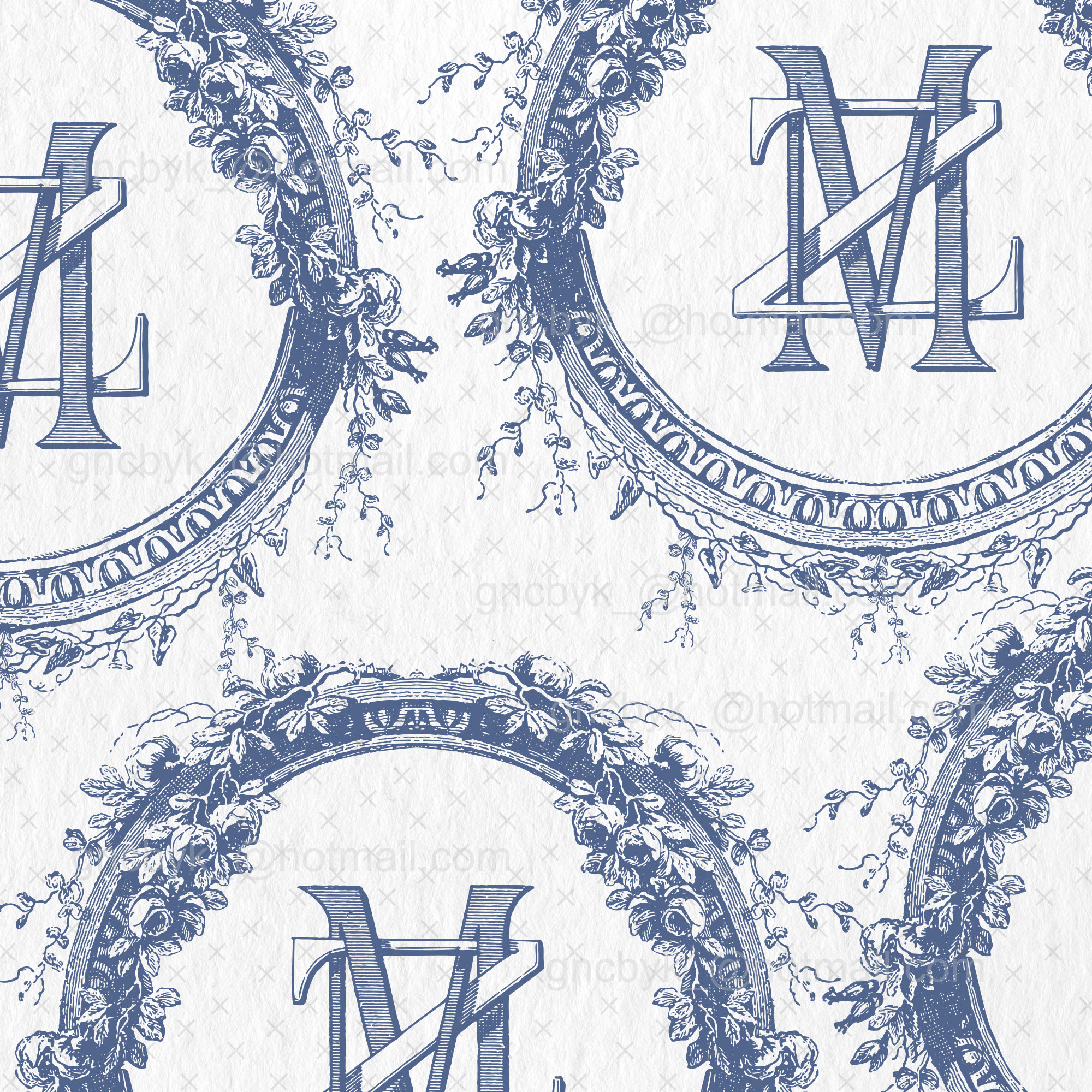 Floral Vintage Wedding Monogram Crest: Blue Antique Flowers