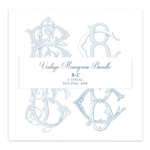 May include: A digital file set featuring four light blue ornate monogram letters B and C in various calligraphic styles. A central white horizontal banner displays the text: Vintage Monogram Bundle, B-C, 4 TOTAL, SVG-PNG-PDF.
