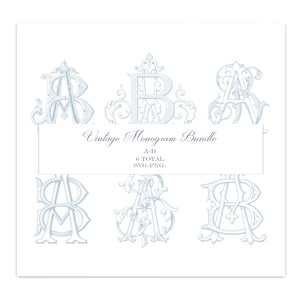 May include: A collection of six light blue decorative monograms featuring the letters A and B in various ornate, intertwined styles. A central white rectangular label displays the text: Vintage Monogram Bundle, A-B, 6 TOTAL, SVG-PNG.