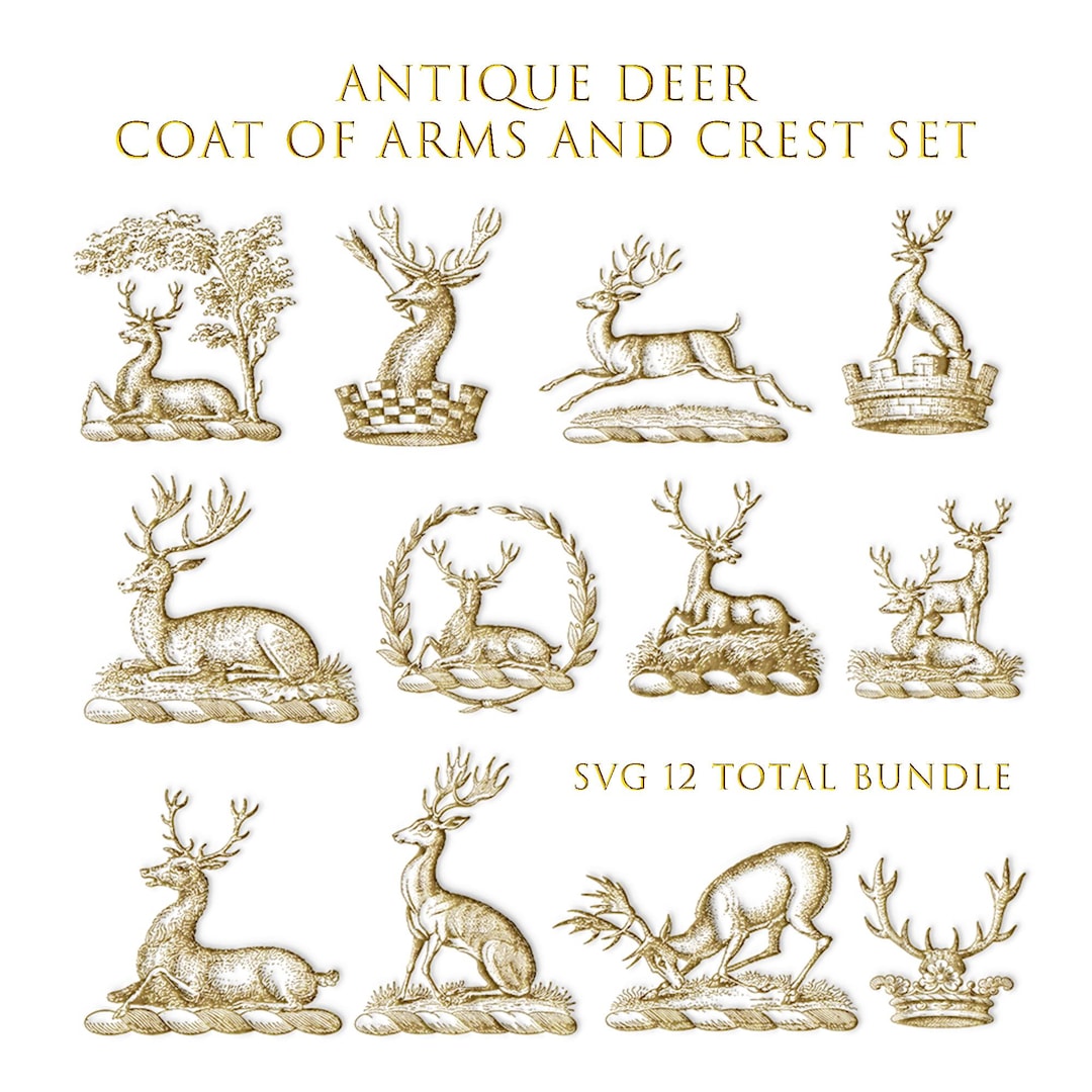 Antique Deer Coat of Arms SVG Bundle – Vintage Stag Crest Logos (12 ...