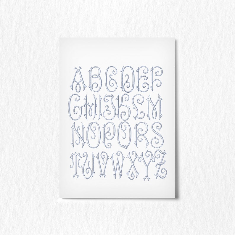 May include: A decorative alphabet with each letter in a unique, ornate, and stylized font. The letters are in a light blue color and are arranged in alphabetical order.