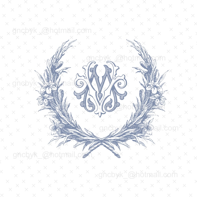 K&ouml;nnte beinhalten: Ein blaues und wei&szlig;es Monogramm-Design mit den Buchstaben "M" und "V", die ineinander verschlungen sind. Das Monogramm ist von einem Kranz aus Bl&auml;ttern und Blumen umgeben.