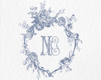 Logo ślubne z motywem piwonii: monogram w stylu vintage (pobranie cyfrowe)