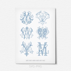 Vintage monogram&#39;&#39;MV,MZ,Antique Classic Wedding Monogram,Interlocking Two Letter Monogram,6 Total monogram eps ,pdf ,Vintage from the 1800s