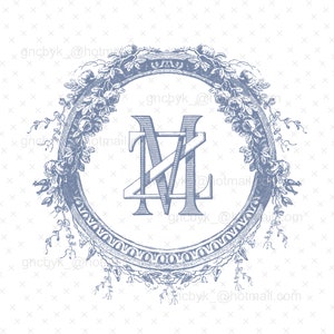 May include: A blue and white monogram with the letters "MZ" in a decorative frame with floral accents.