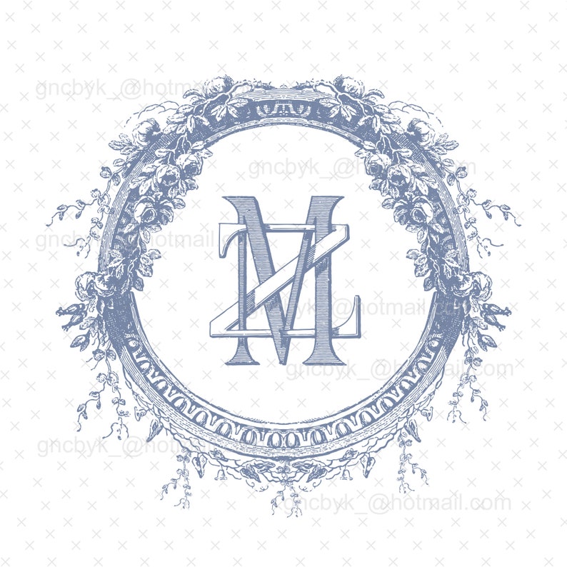 May include: A blue and white monogram with the letters "MZ" in a decorative frame with floral accents.