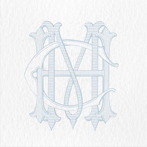 May include: A blue and white monogram with the letters "CM" intertwined. The letters are stylized with a decorative flourish and are outlined with a thin line.
