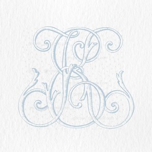 Può includere: Un design monogramma azzurro con le lettere intrecciate "P" e "D" in una scrittura elegante e ornata. Il design include decorazioni e volute decorative, su uno sfondo bianco strutturato. Ideale per cancelleria personalizzata o inviti di nozze.