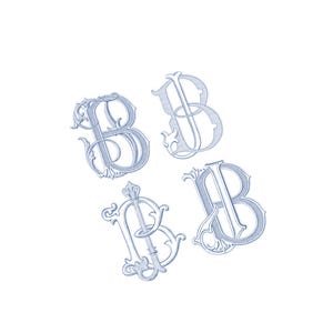 May include: Four ornate, light blue letter B monograms in different styles are displayed against a white background. Each monogram features decorative flourishes and elegant curves, suitable for personalized stationery or branding.