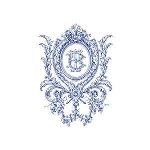 May include: A blue and white decorative emblem featuring an ornate oval frame with the letter "B" in the center. The emblem is surrounded by detailed floral and leaf designs, creating a classic, elegant aesthetic.
