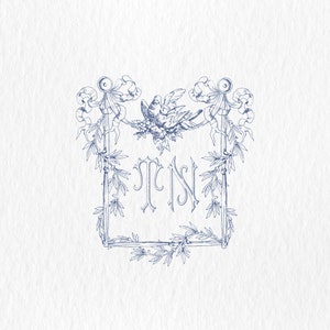 Monograma vintage T-N, cresta de boda con monograma vintage floral, azul - flores antiguas, logotipo de monograma / entrelazado, monograma de dos letras, svg-png