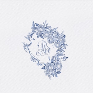 May include: A blue floral design featuring roses and the letter "B" within a decorative frame. The illustration is in a classic, vintage style, perfect for wedding invitations or stationery.