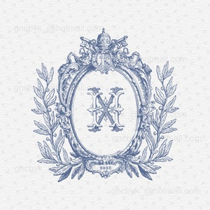 Logotipo do monograma, monograma de duas letras, casamento com monograma francês vintage, azul empoeirado, coroa de monograma, coroa de louros antiga, edição personalizada