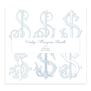 May include: A digital collection of six light blue decorative letter monograms featuring intricate scrollwork and flourishes. A central white rectangular label displays the text: Vintage Monogram Bundle, S-J, 6 TOTAL, SVG-PNG.