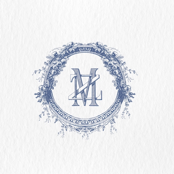 Floral Vintage Wedding Monogram Crest: Blue Antique Flowers (SVG-PNG)