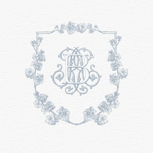 Cadre en fleurs d'amandier, monogramme antique B-R, écusson de mariage floral vintage monogramme, logo monogramme - interlock, fleurs antiques bleues, monogramme