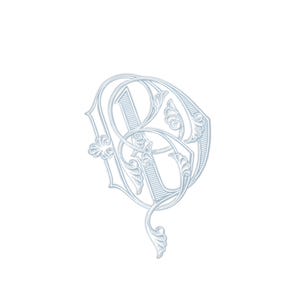Könnte beinhalten: Ein hellblaues Monogramm-Design mit den verschlungenen Buchstaben "D" und "R". Die elegante Schrift ist mit kunstvollen floralen Verzierungen und dekorativen Details versehen, vor weißem Hintergrund.
