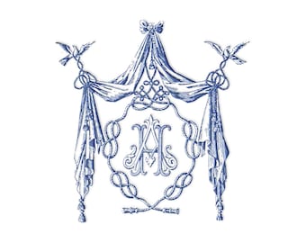 A–H Vintage Monogram-Wedding Crest | Drapery & Bird Monogram | Vintage Wedding Invitation Frame