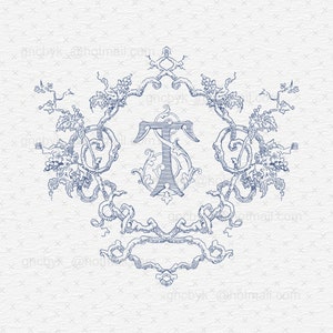 May include: A blue and white illustration of a stylized letter T surrounded by a decorative vine design.