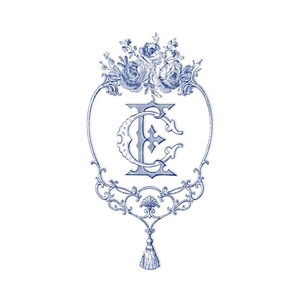 May include: A blue and white floral monogram design. The design features a floral arrangement at the top, an ornate frame, and a tassel at the bottom. The monogram includes the letters "E" and "C".