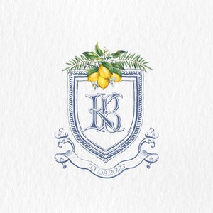 Digitale aangepaste aquarel Crest, aquarel monogram, citroenen en bloemen, bruiloft logo, aquarel monogram K & B, met elkaar verweven monogram, SVG-PNG