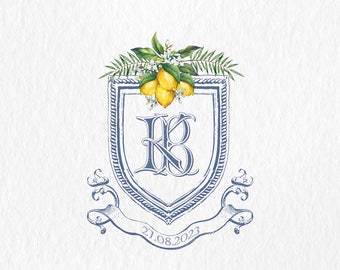 Custom Watercolor Wedding Crest: Lemon & Floral Monogram (Digital SVG-PNG)