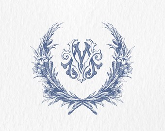 Floral Vintage Monogram Wedding Crest: Blue Antiqued Flowers (SVG-PNG)