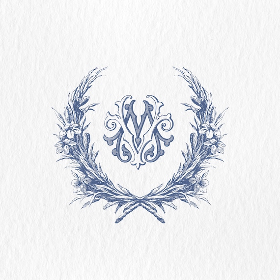 Floral Vintage Monogram Wedding Crest: Blue Antiqued Flowers (SVG-PNG)